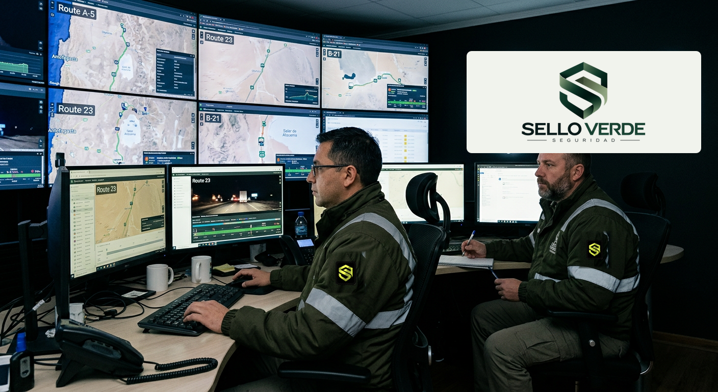 Operadores del centro de coordinación monitoreando un convoy en una pantalla de mapa satelital