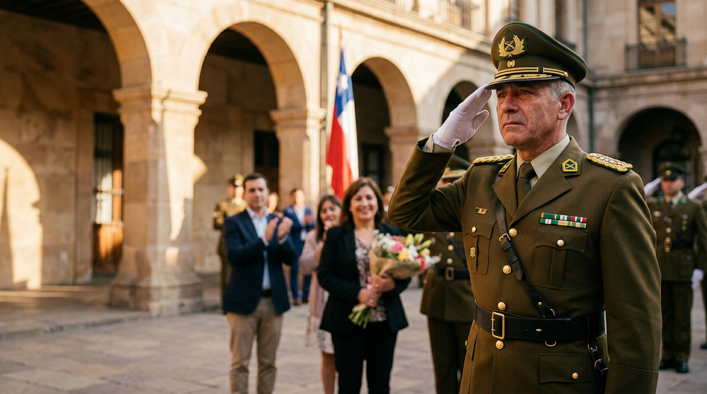 Suboficial de Carabineros con uniforme de gala realizando el saludo en su ceremonia de retiro, mientras su familia y compañeros lo aplauden en un patio colonial