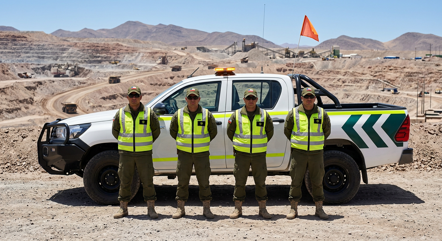 Cuatro escoltas de Sello Verde en formación con uniforme verde y emblema institucional, frente a camionetas de la flota en una faena minera