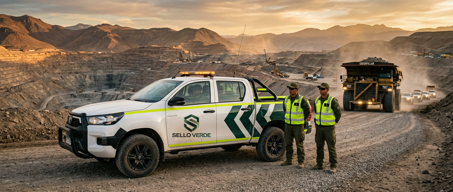 Camionetas de escolta Sello Verde custodiando un camión minero sobredimensionado en una ruta del desierto de Atacama al atardecer