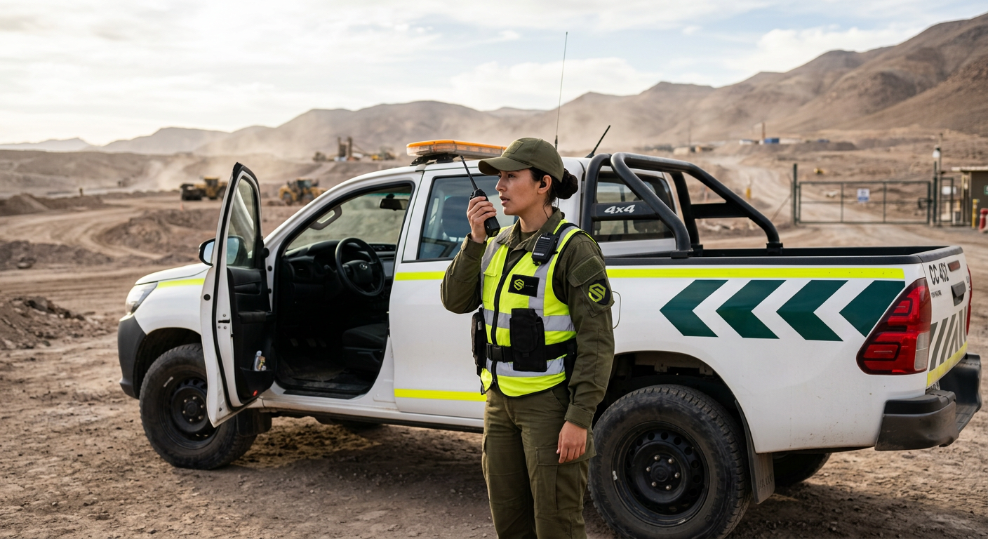 Escolta de Sello Verde con uniforme verde, chaleco con emblema institucional y radio, en el desierto